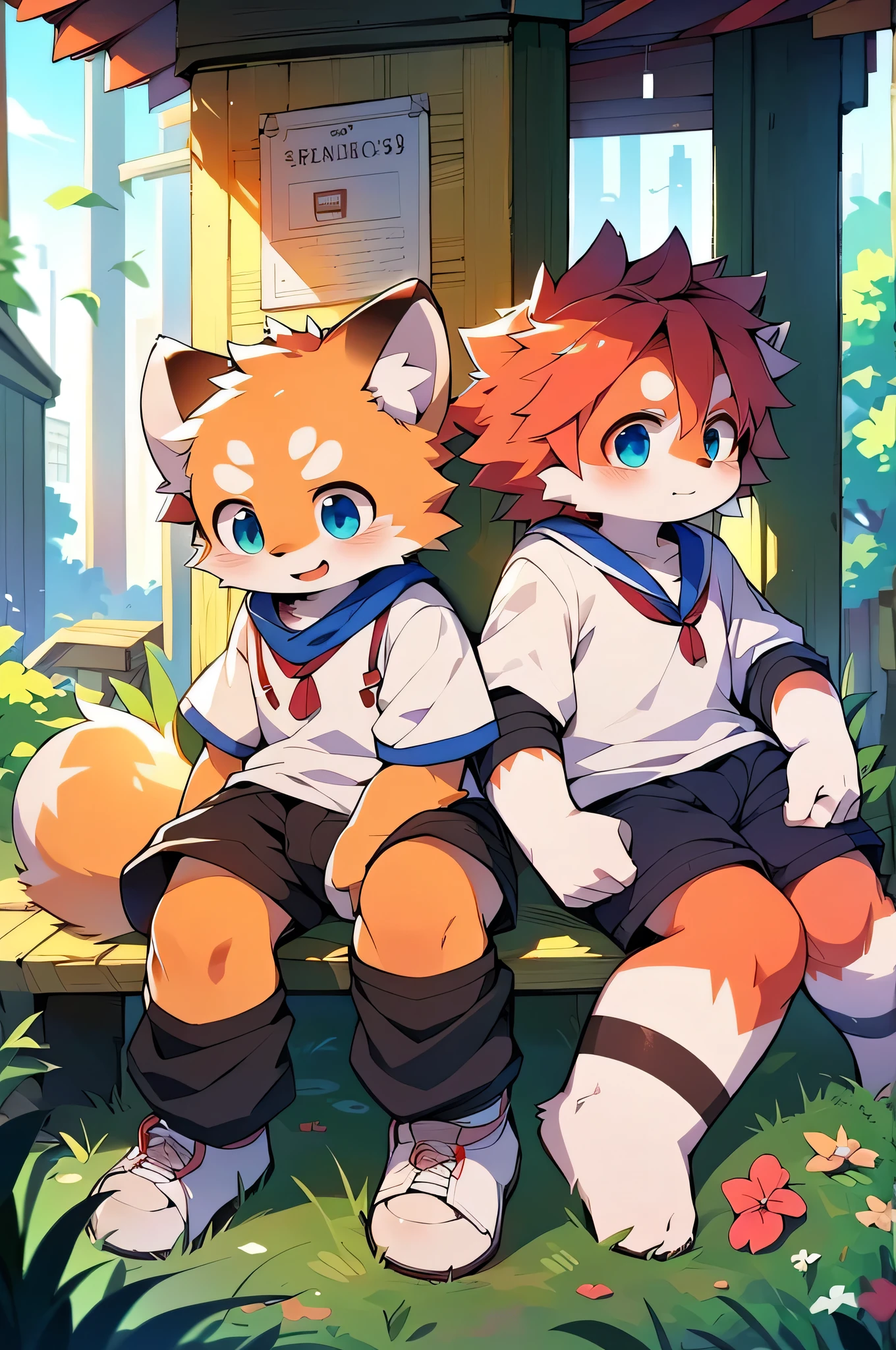 (Dagashi: 1.1),super high quality,Very detailed,High resolution,Red Panda Fur,Anatomically correct,White shirt and navy shorts,blue eyes,Mischievous Smile,Middle school students,Adorable,Cute art style in anime(Cheerful ager,13 y),