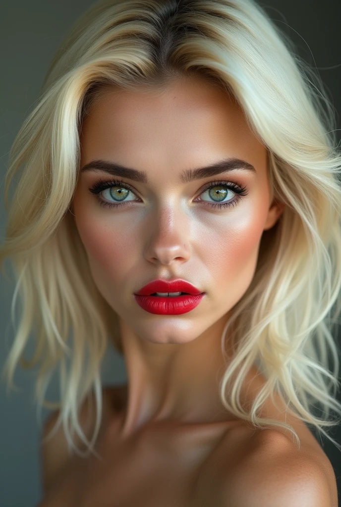 wolf cut hairstyle blonde hair big green eyes forehead is slightly arched, giving my face a distinctive shape. It flows seamlessly into my high, defined eyebrows. The bridge of my nose is straight and symmetrical, leading up to a pointed tip. My nostrils are small and delicate, adding character without being overwhelming. My cheekbones are prominent, highlighting my large, round eyes even further. My jawline is strong and defined, giving my face a masculine edge despite its feminine features. My neck is long and graceful, flowing effortlessly into my shoulders. Russian women big pumped lips red lipstick super big fake lips super size lips 45 Russian silicon face model, have naturally developed some fine lines and wrinkles around my forehead. These imperfections only serve to make me appear more human and relatable.