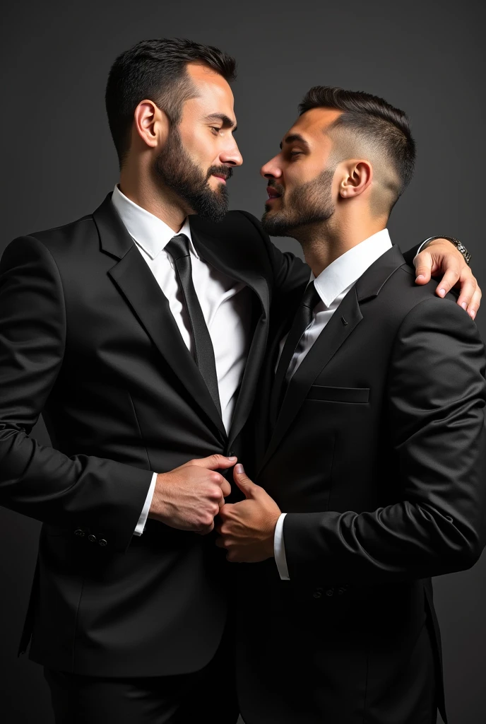 Realistic image of a man in a suit and tie kissing another man's belt