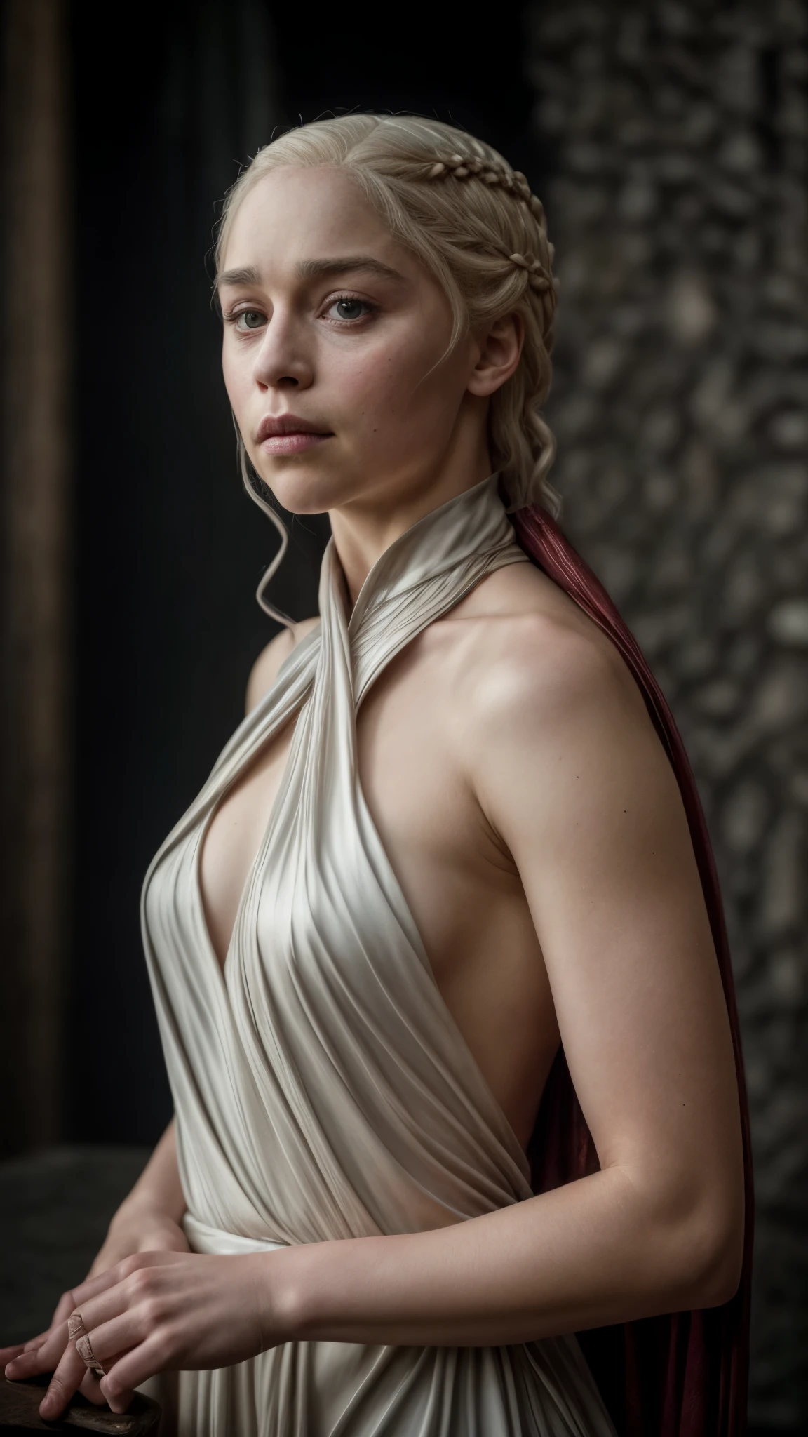masterpiece, stunning portrait photo of khls woman, sleeveless, erotic costumes, sensual satin dress, game of thrones inspired costumes, compelling, cinematic,