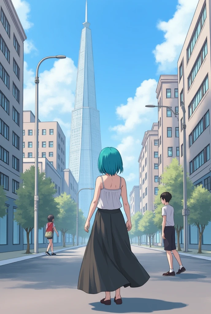 1 girl, blackw_overskirt, cerulean_body hair, building, citys, citysscape, body hair_bland_eyeballs, jaket, gazing_phi_viewer, average_body hair, multicolor_body hair, multiple_boys, phiite, ab_shoulder, plein-air, plephied_overskirt, Roadside, chemise, overskirt, skyscraper, ssmile, standing alone_focusing, Street, offwhite_chemise