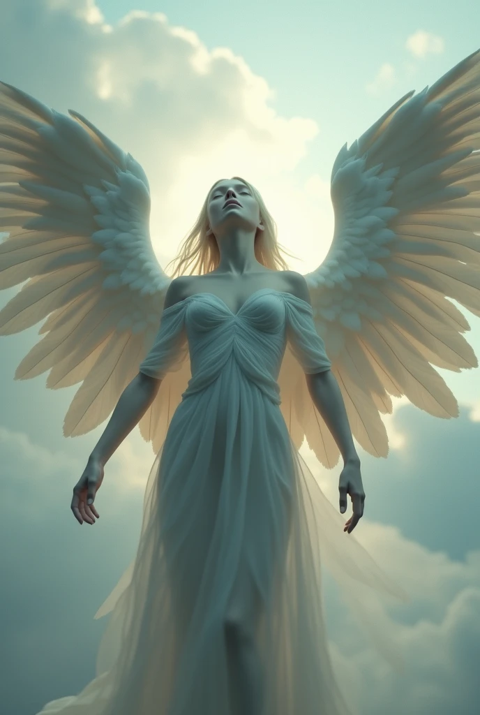 Angel with face covered by two wings