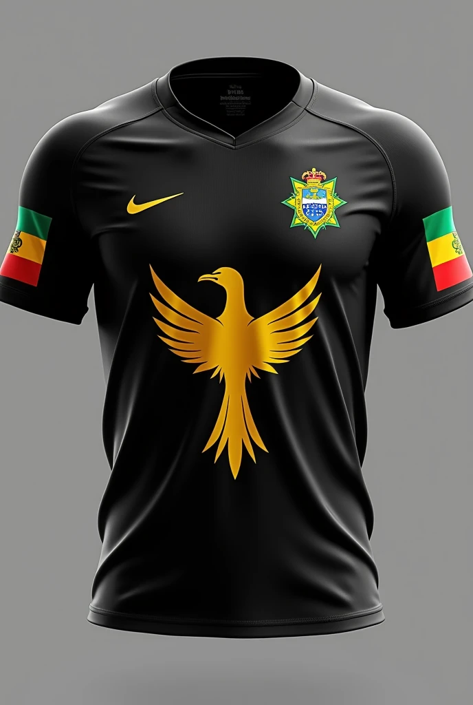 Create an all-black team shirt with the Maranhão state flag emblem on the chest of the shirt at the top, the yellow beach bird on the bottom side of the blouse, and reggae flag details on the sleeve of the blouse (Unripe, red and teal and yellow)