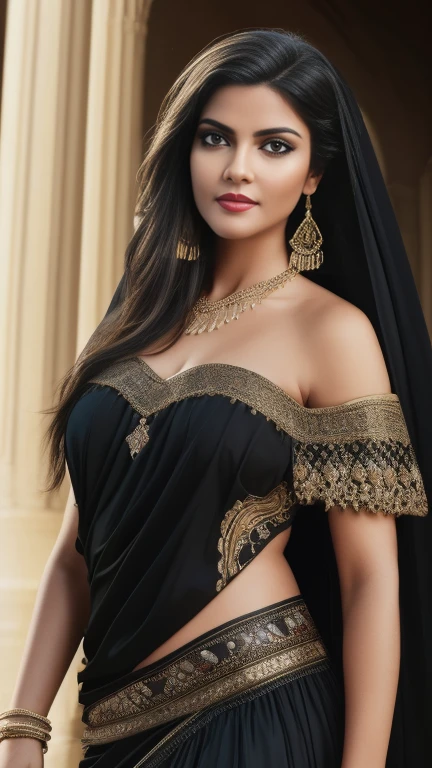 (best quality,4k,8k,highres,masterpiece:1.2),ultra-detailed,(realistic,photorealistic,photo-realistic:1.37),Al-Uzza, the ancient Arabian goddess of beauty and black magic, off-shoulder, extremely detailed face and eyes, long eyelashes, detailed lips, intricate jewelry, flowing dress, ornate background, warm lighting, fantasy art, cinematic composition, dramatic lighting, dramatic pose, dramatic expression, cinematic shot, detailed fabric textures, dynamic composition, rich colors, dramatic chiaroscuro, mystical atmosphere