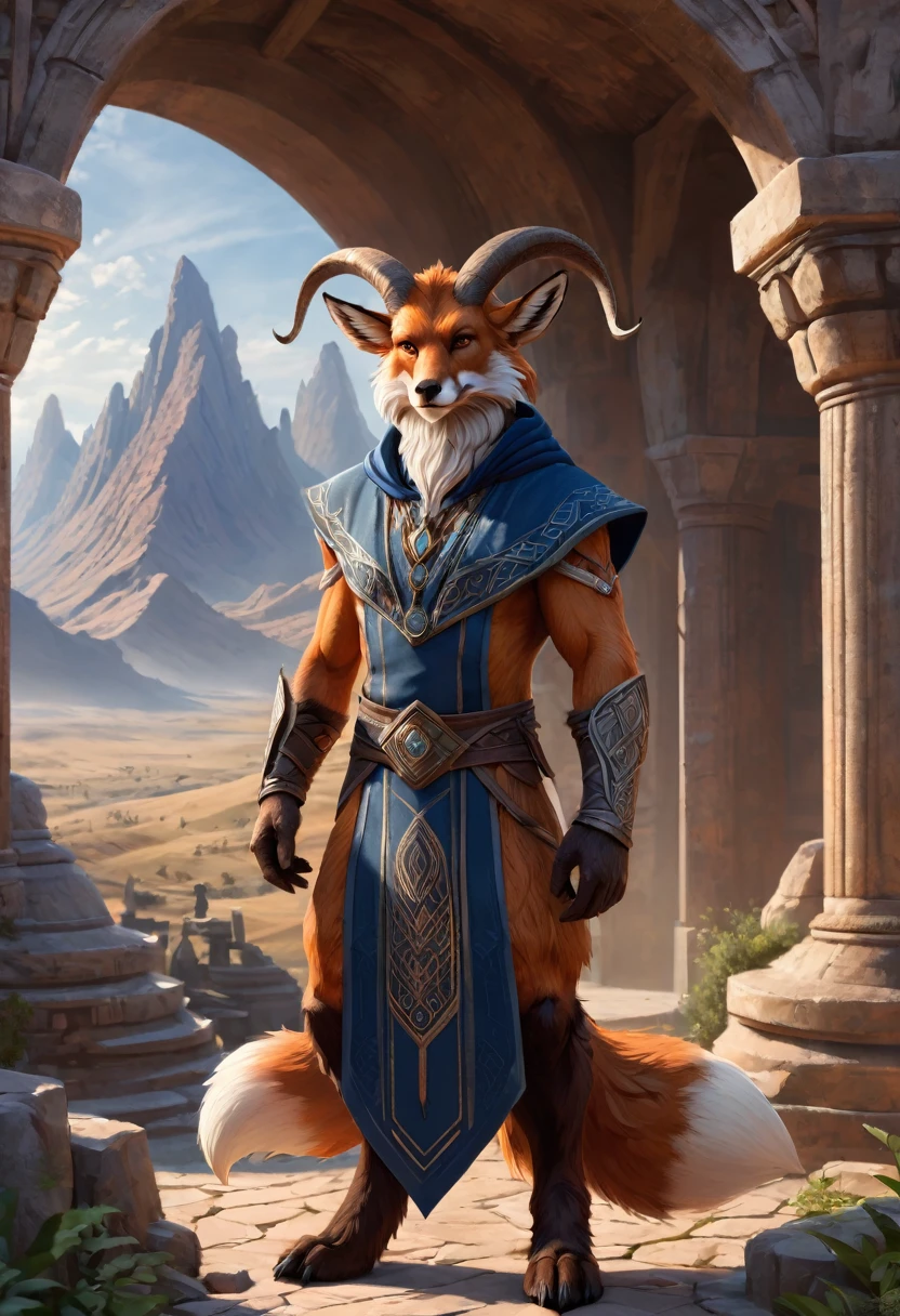 Anthropomorphic masculine fox-satyr mage. Official Art – An Award-Winning Digital Masterpiece In 4K Ultra HD, Extreme Detail And Intricate Realism. Symmetrical Face. This Concept Art Brought To Life By The Hands Of Artists Like Wlop & Artgerm In A Stunning 2D Vector Illustration. Background Is A Panoramic Vista.
