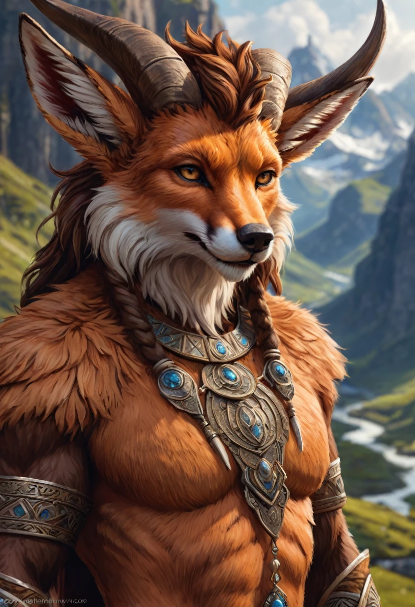 Anthropomorphic masculine fox-satyr mage. Official Art – An Award-Winning Digital Masterpiece In 4K Ultra HD, Extreme Detail And Intricate Realism. Symmetrical Face. This Concept Art Brought To Life By The Hands Of Artists Like Wlop & Artgerm In A Stunning 2D Vector Illustration. Background Is A Panoramic Vista.