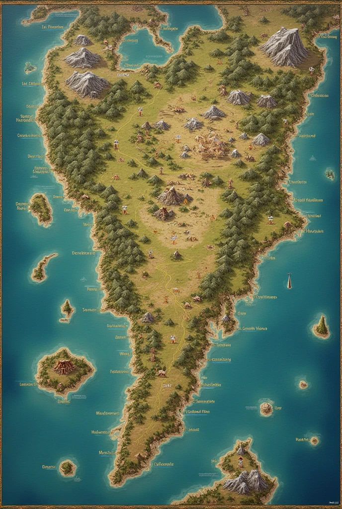 1. World Overview:
Map Size: Define whether the map will cover a continent, a hemisphere, or the whole world.
Map Style: realist, stylized, Fantastic, etc.
2. Continents and Regions:
Name and Description of Continents: List the major continents and provide a brief description of each., including weather, geography and distinctive features.
Internal Regions: Details the geographical and cultural characteristics of each region within the continents.
3. geography:
mountains: Location and extent of mountain ranges.
Rivers and Lakes: Major rivers and lakes, including their length and how they affect the environment.
Deserts and Forests: Location and size of arid and forested areas.
Water Frames: oceans, seas and other bodies of water.
4. Cities and Capitals:
Names and Location: Exact location of major cities and capitals.
Key Features: Brief description of each city, including its strategic importance, cultural and economic.
5. Trade Routes and Roads:
Main Routes: Connections between major cities.
Secondary Paths: Minor routes for trade and transport.
6. Mythical and Magical Areas:
Location of Temples and Ruins: Locations of sacred or magical places.
Special Magic Zones: Areas where magic is most powerful or unusual.
7. Conflict and Danger Zones:
Unexplored Lands: Potentially dangerous or mysterious areas.
Historical Battlefields: Major conflict sites.
8. Natural resources:
Mining Regions: Location of mines and mineral resources.
Agricultural Areas: Fertile land and cultivated areas.
9. Cultural and Social Aspects:
Areas of Cultural Interest: Iconic places like gyms, libraries, and art centers.
Ethnic and Cultural Diversity: Different areas inhabited by different cultures.
10. Technical Parameters for AI:
Map Resolution: Necessary detail on the map (high, media, low resolution).
scale: Proportions and dimensions