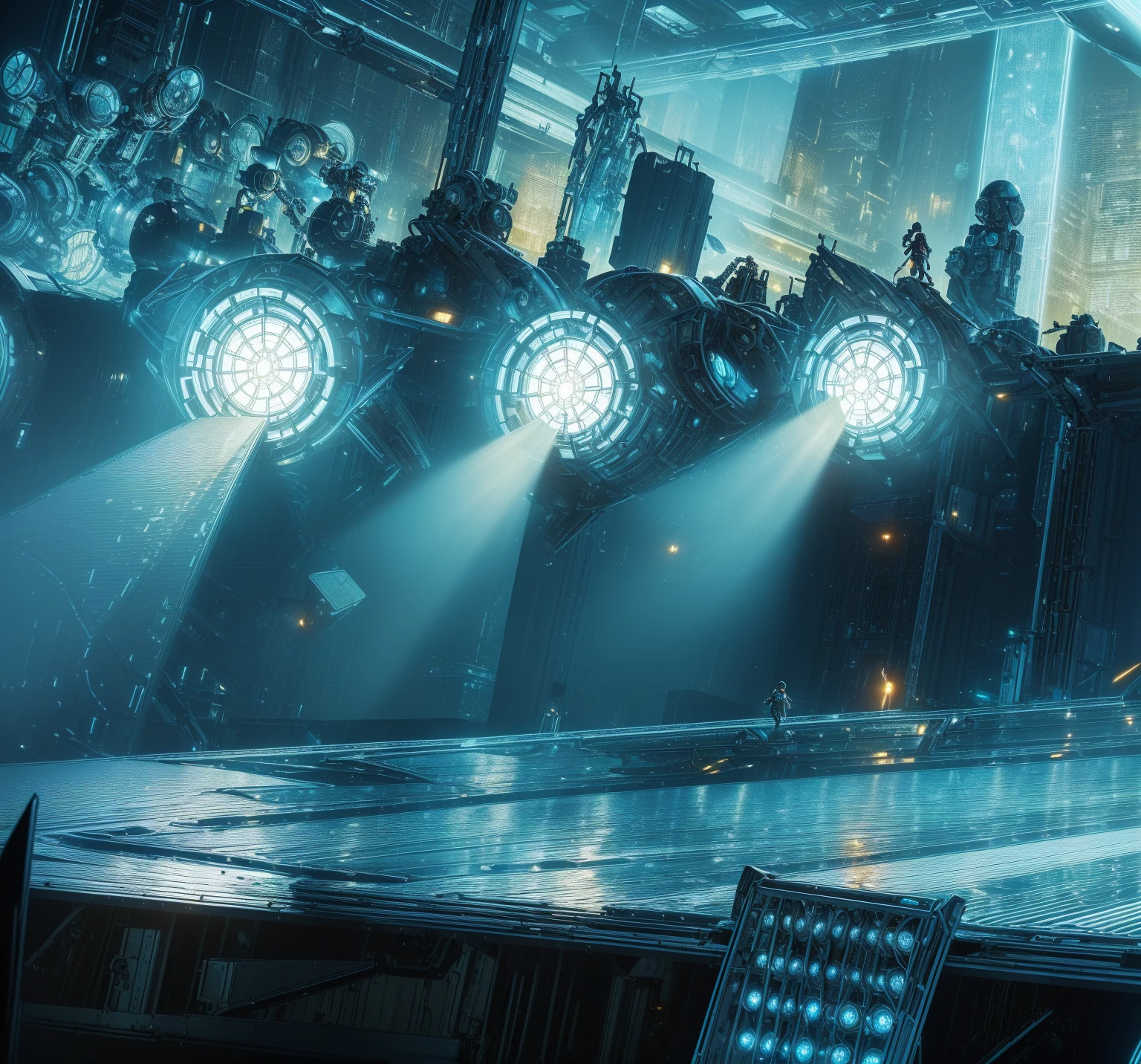 ((Highest quality,masterpiece,Extremely sophisticated details,Gorgeous sci-fi mechanical stage scene,no audience no one,spotlight shines,Three-dimensional and shocking atmosphere))