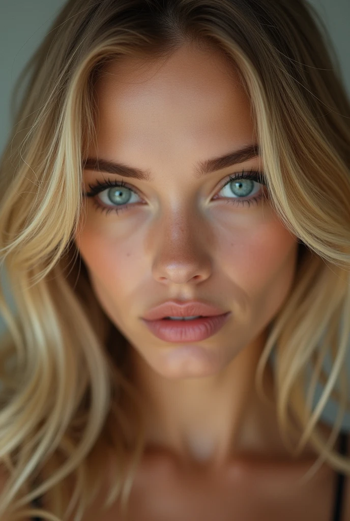 (photorealism:1.2)
A extremely alluring woman with blonde hair and natural blue eyes. soft black eyeliner. her skin aryan complexion a masterpiece and perfect. She has a sly smirk in the image. the lighting is soft and the vibe is warm and calm.