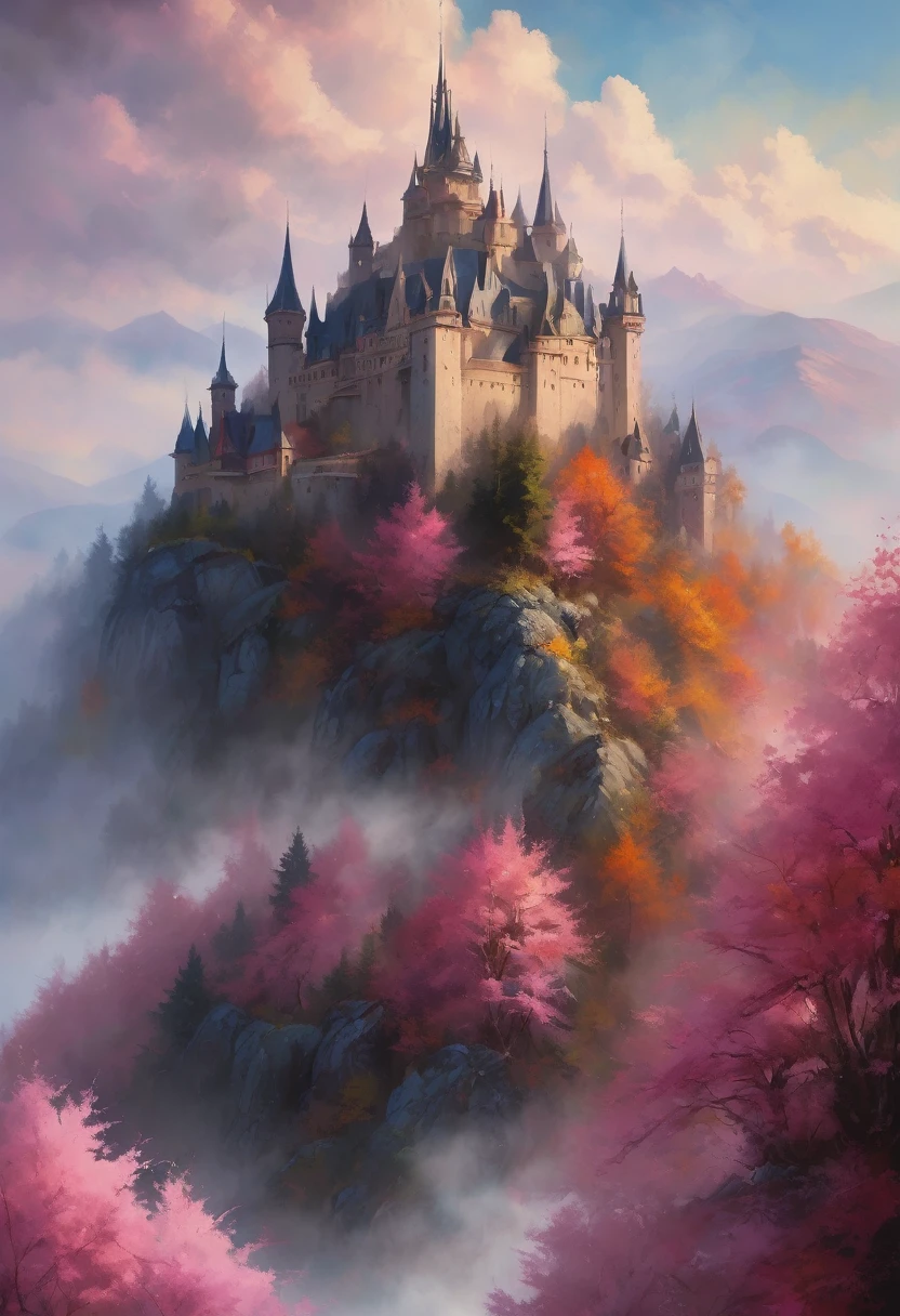 a painterly masterpiece of a dreamy fantasy castle view of a mountain with foggy atmosphere and beautiful weather, cloudy and beautiful dim lighting soothing dark colours , beautiful dreamy painting , fantasy themed , closeup image , perfect detailing , cloudy weather and pink leaves of autumn fall