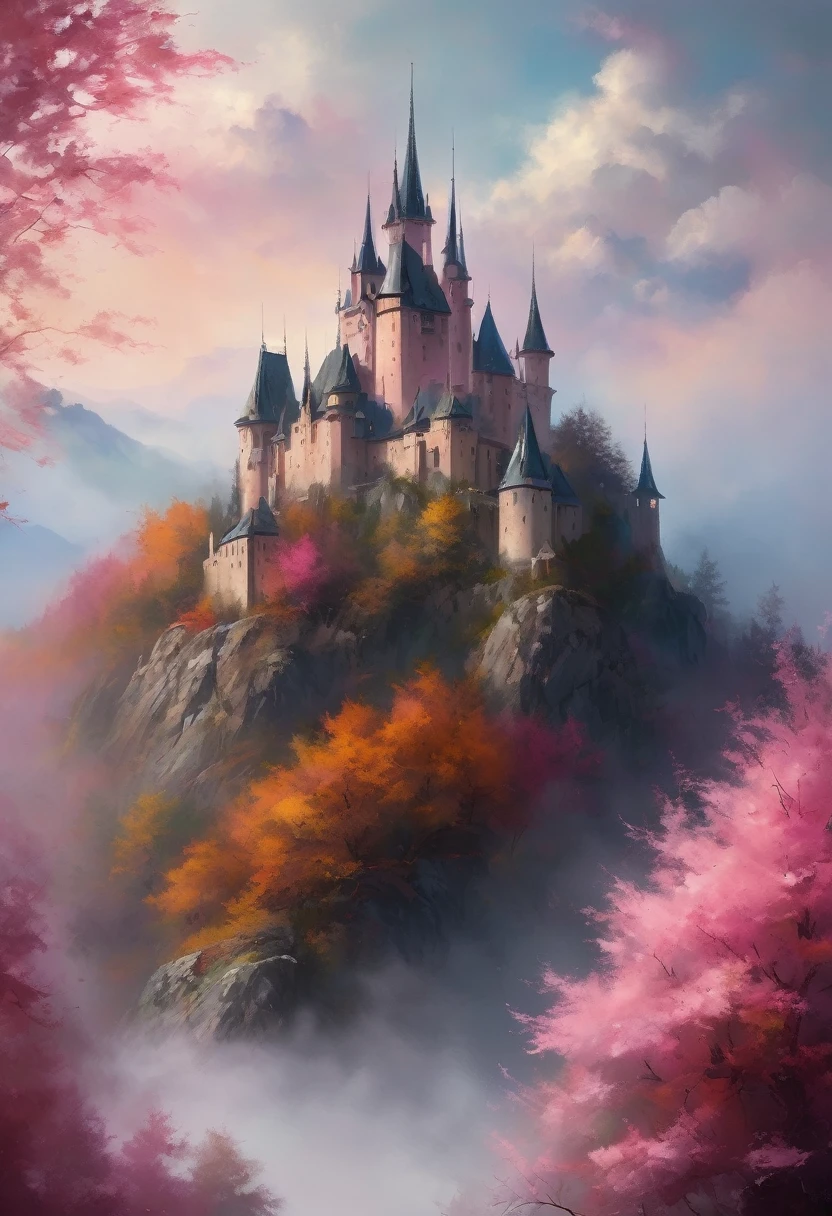 a painterly masterpiece of a dreamy fantasy castle view of a mountain with foggy atmosphere and beautiful weather, cloudy and beautiful dim lighting soothing dark colours , beautiful dreamy painting , fantasy themed , closeup image , perfect detailing , cloudy weather and pink leaves of autumn fall 