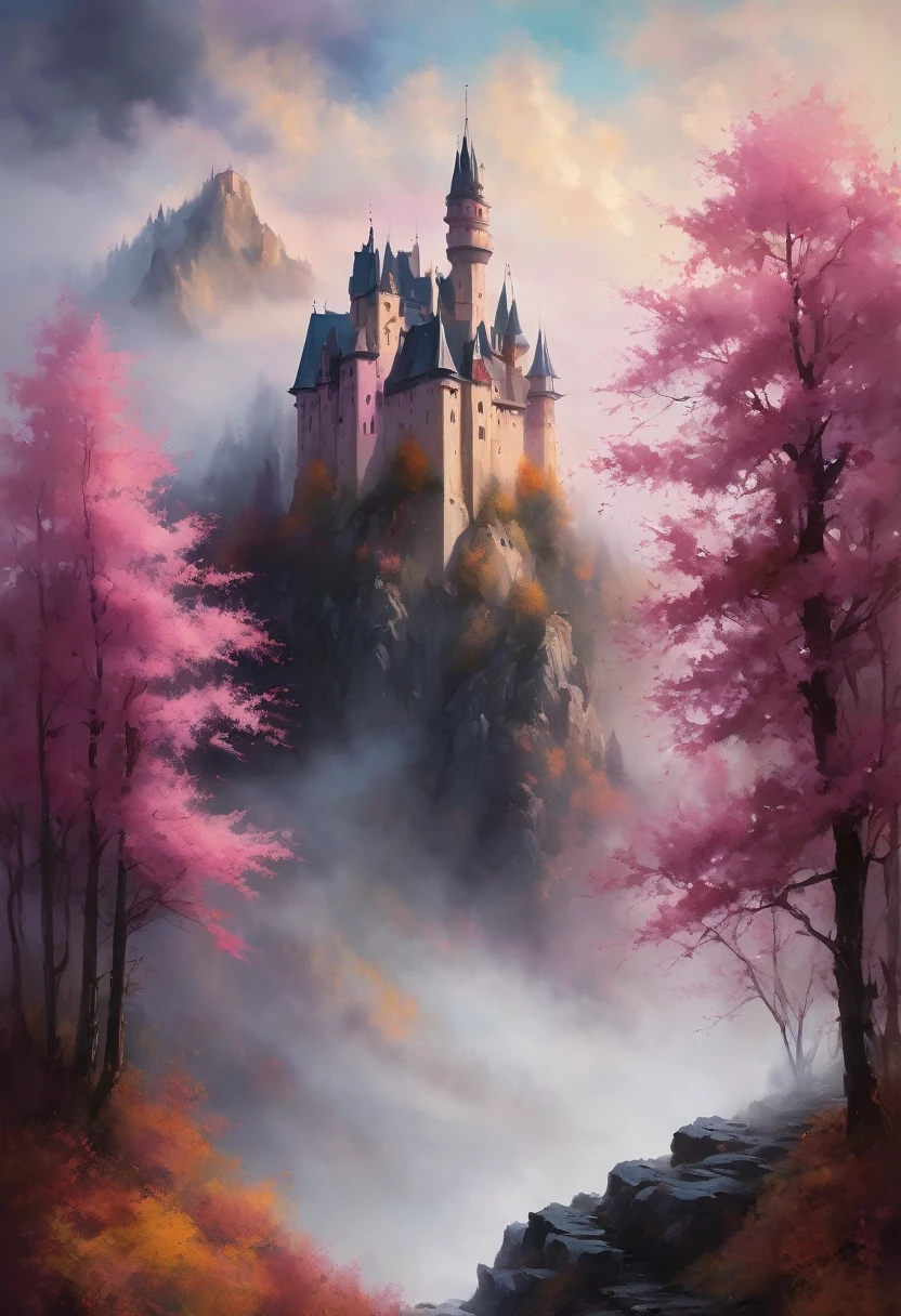 a painterly masterpiece of a dreamy fantasy castle view of a mountain with foggy atmosphere and beautiful weather, cloudy and beautiful dim lighting soothing dark colours , beautiful dreamy painting , fantasy themed , closeup image , perfect detailing , cloudy weather and pink leaves of autumn fall 