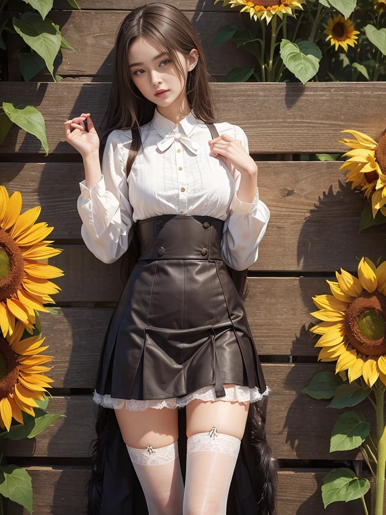 wooden plaque in hands with label "fuck me", a beautiful girl, a field of sunflowers, beautiful pioneer girl, sexy, stockings, skirt, (furry:1.3)