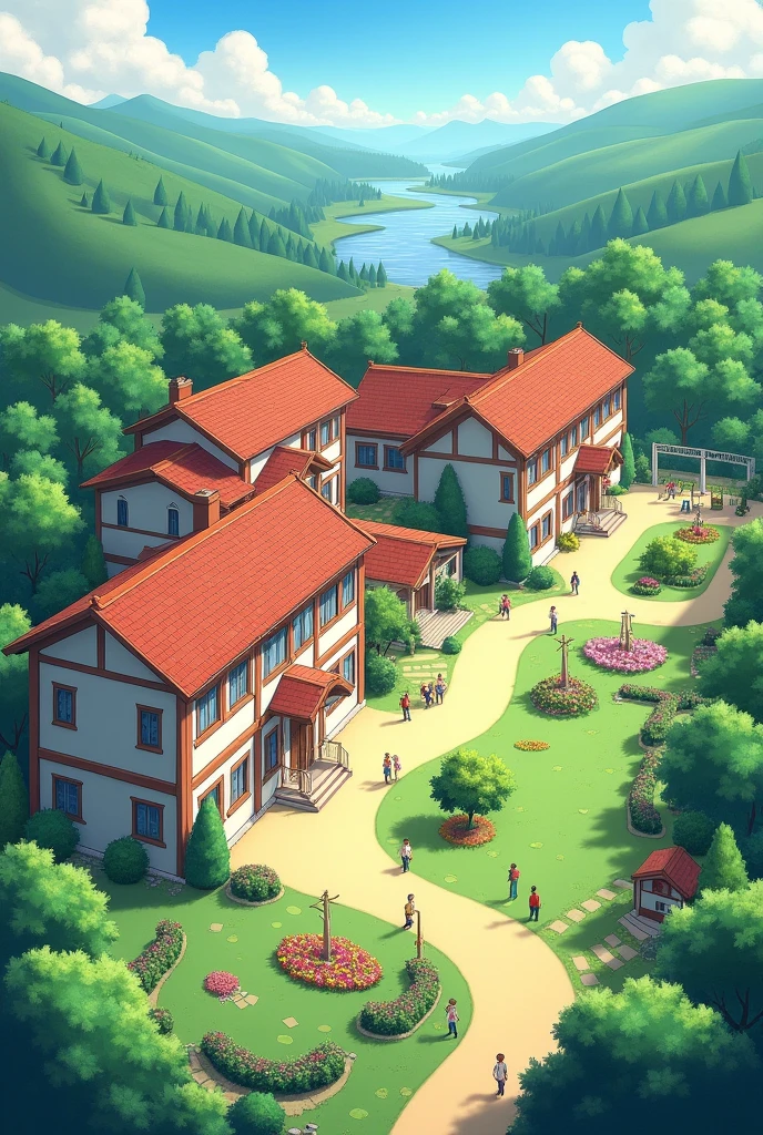 Create image village school background greenery 