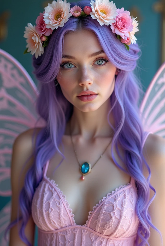 a woman with purple hair and blue eyes with fairy wings and dressed in a pale pink fairy-type dress with deep blue and a flower crown
