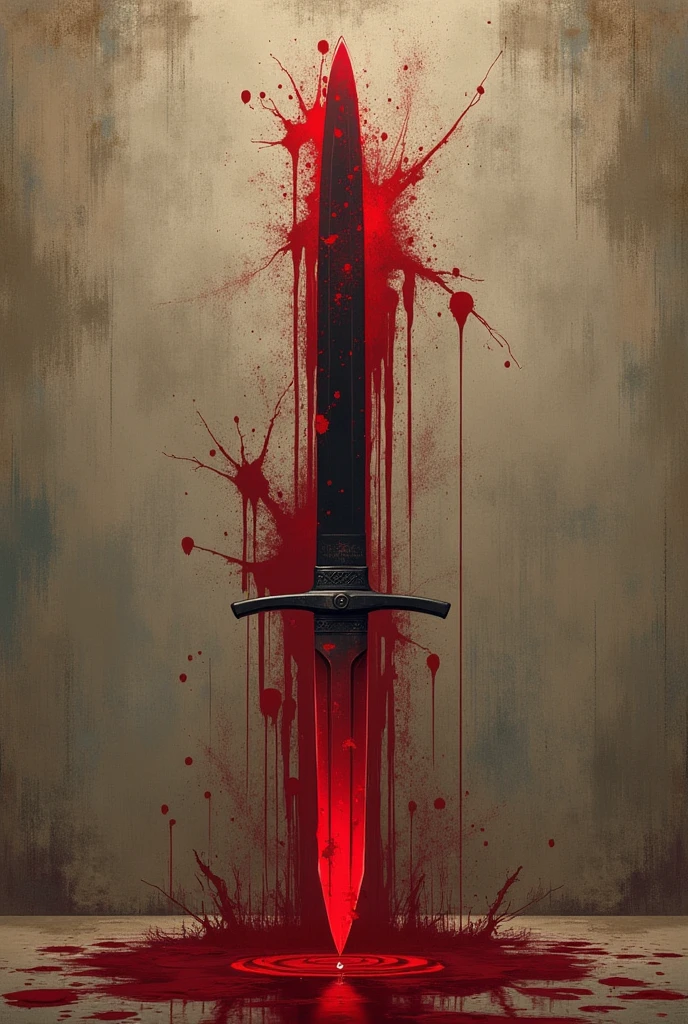 Bloody knife in a totally dark room, where the light only illuminates the knife and several completely bloody paintings on the wall 