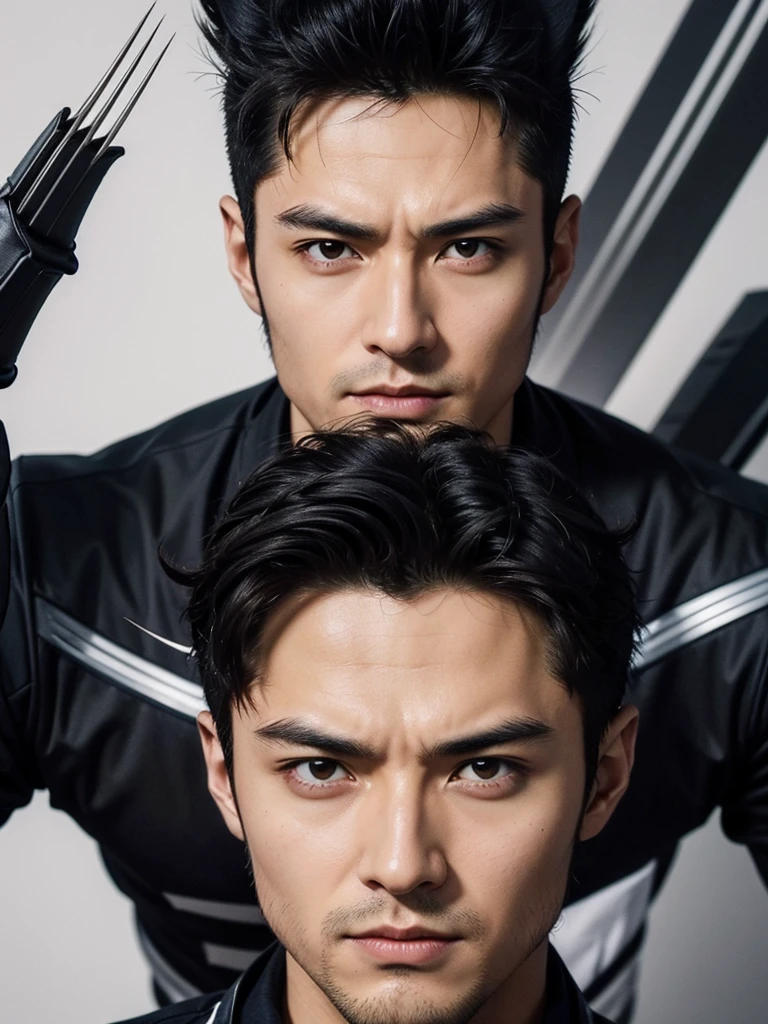 ((Best quality)) , ((Masterpiece)) , (Detailed) ,( wolverine ) , 1 Handsome chinese slim guy, 20 years old, Hair combed smoothly, perfect body shape, big , black hair, beautiful face, focous on face details, wearing wolverine uniform, logo of hydra in the background