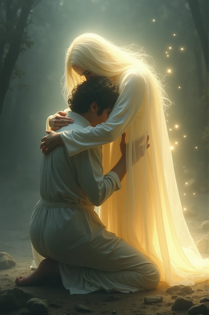 person kneeling crying while a being of light embraces him