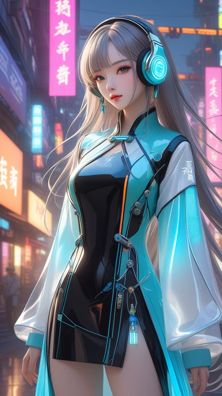 Tang suit,Chinese Hanfu,a image of a woman wearing colorful robot tech, in the style of free-flowing surrealism, shiny/glossy, precise and lifelike, hard surface modeling, precisionist lines, light silver and azure, engineering/construction and design,Luminous headphones, Luminous hair accessories, long hair, Luminous earrings, glow necklace, cyberpunk,transparent clothes