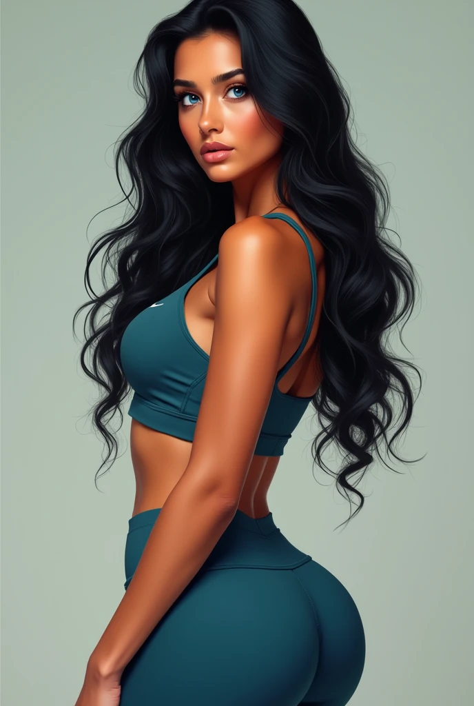 A Brazilian woman with a big butt in gym clothes with blue eyes and black hair