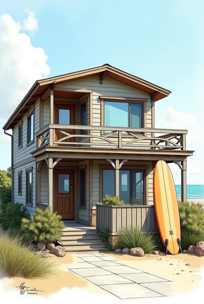 two story building with surfboard outside sketch