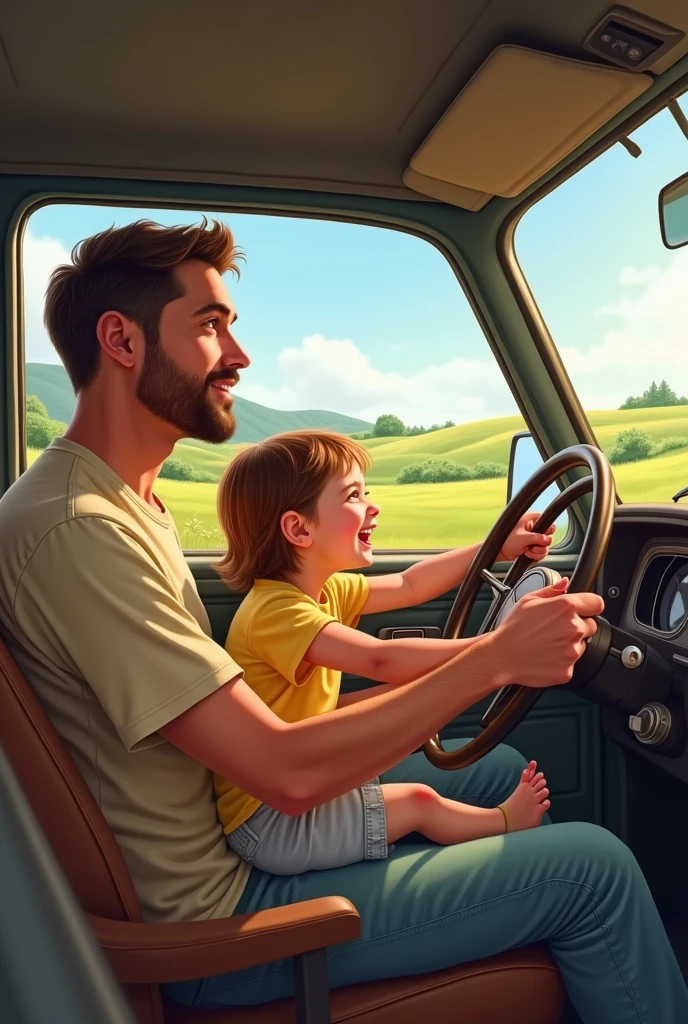 Drawing of a father driving with his  daughter on his lap 