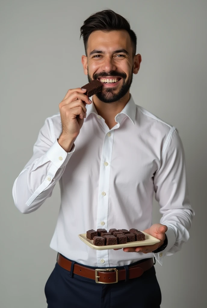 happy man in formal shirt and pants, eating small rectangular brown almost black porous candy