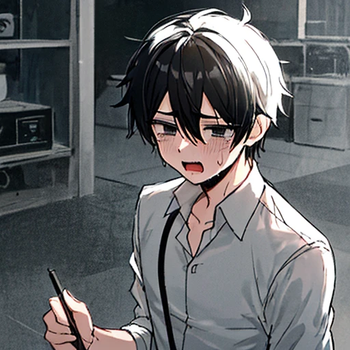 Anime boy, simple straight black hair, panic emotions, pale, black theme, dark, creepy, weird, white shirt, man, thin, dirty, looks scary, black, creepy smile, looks like an addict, blushing, handsome, grayscale, horny, saliva, drooling, nsfw, simple clothes, best hands drawing, best quality, best anatomy, best emotions drawing.
