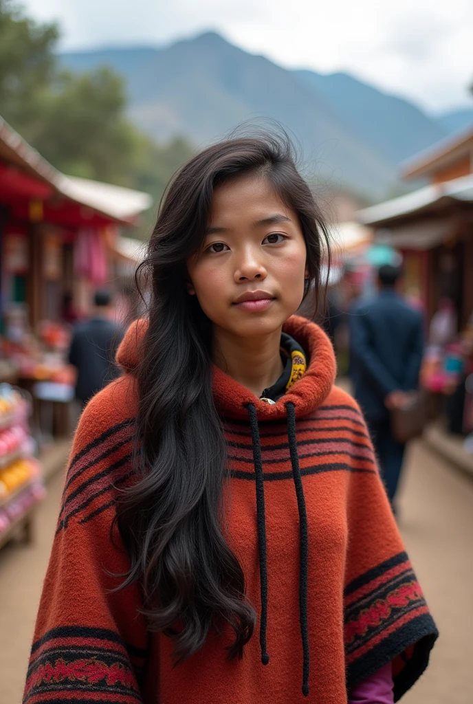 photography of a 20yo Javanese woman, late early 20s, wearing a woolen poncho, in a outdoor market, Andean mountains, close up