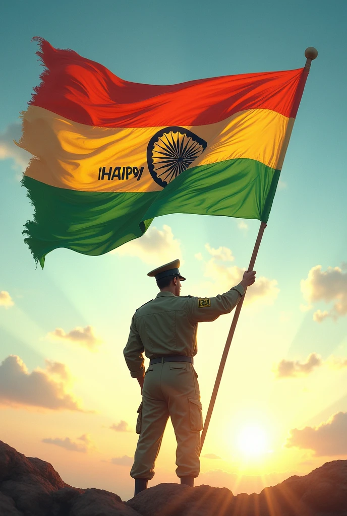 inclined flag of green yellow red colors held by a soldier where it will be written HAPPY INDEPENDENCE DAY