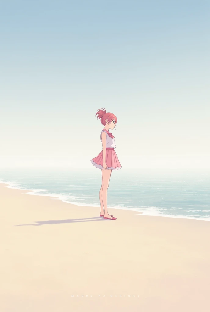 Madoka Kaname standing on the beach with short twintails