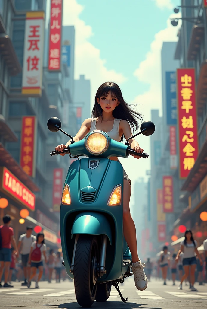 Taiwanese woman in a mini skirt riding a big scooter