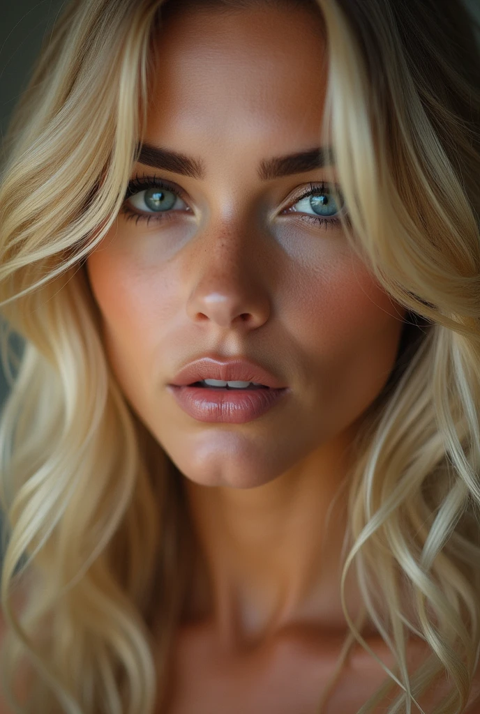 (photorealism:1.2)

A extremely alluring woman with blonde hair and natural blue eyes. soft black eyeliner. her skin aryan complexion a masterpiece and perfect. She has a sly smirk in the image. the lighting is soft and the vibe is warm and calm.