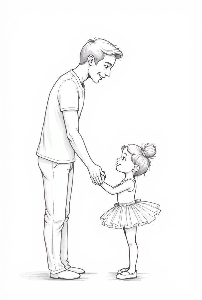 A black and white coloring page of a father holding hands with a child dressed as a ballerina 