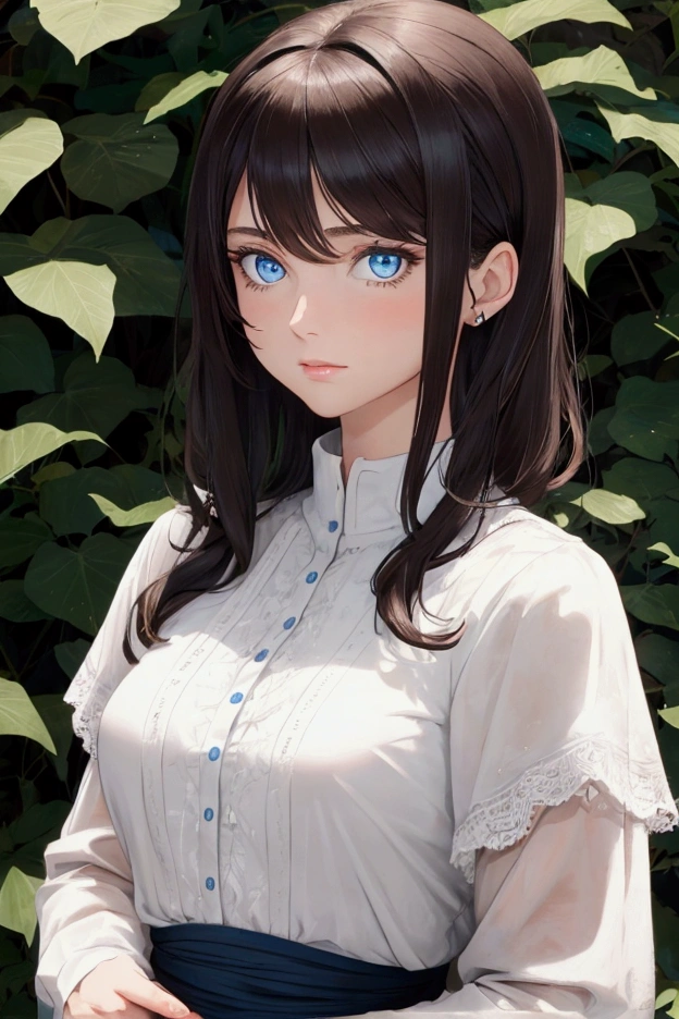 animated: blue eyes, dark brown- medium length hair, young woman, slightly curvy, small breasts, melancholischer & Natural background