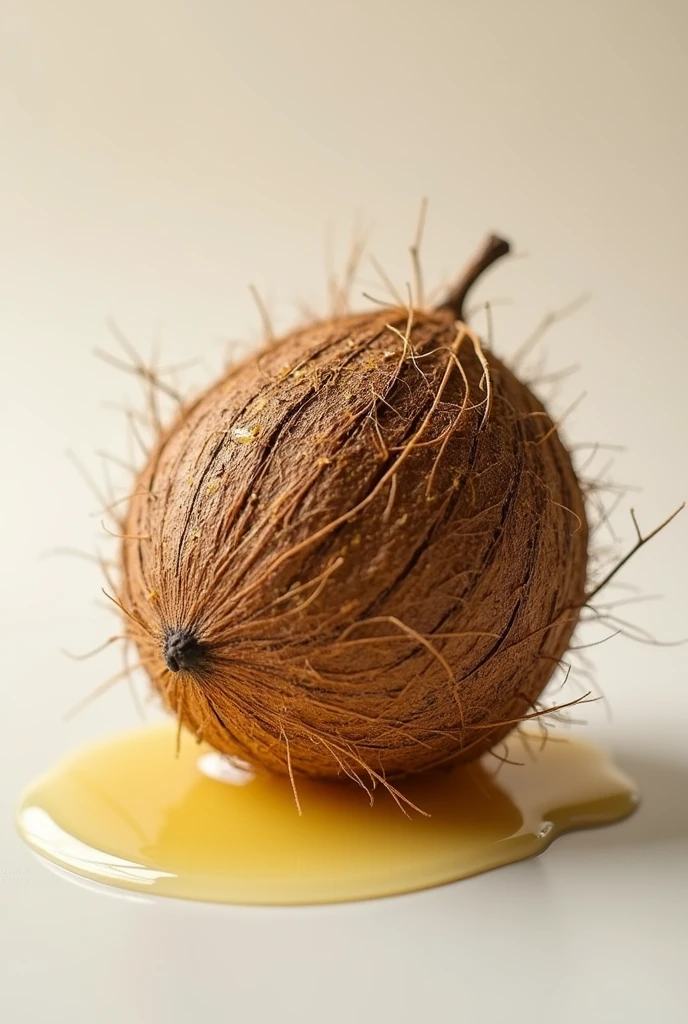 A coconut from which none of its shell has been removed, wrapped in oil