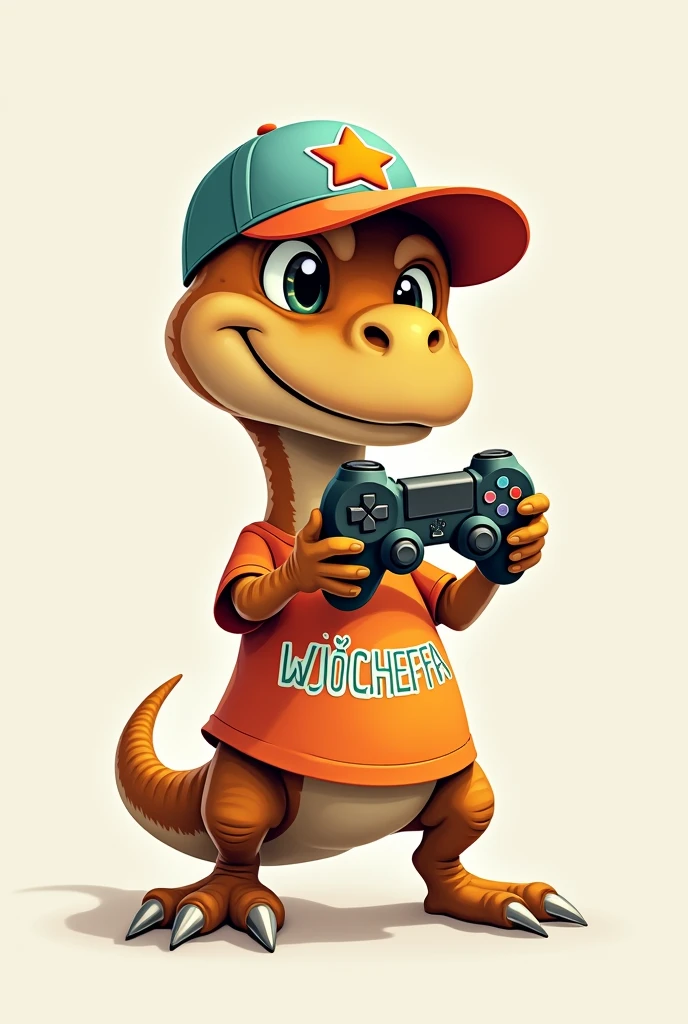 Create a image of a little Dinosaur with a cap and a console control and a t-shirt that say “WJ≠CHEFFA”