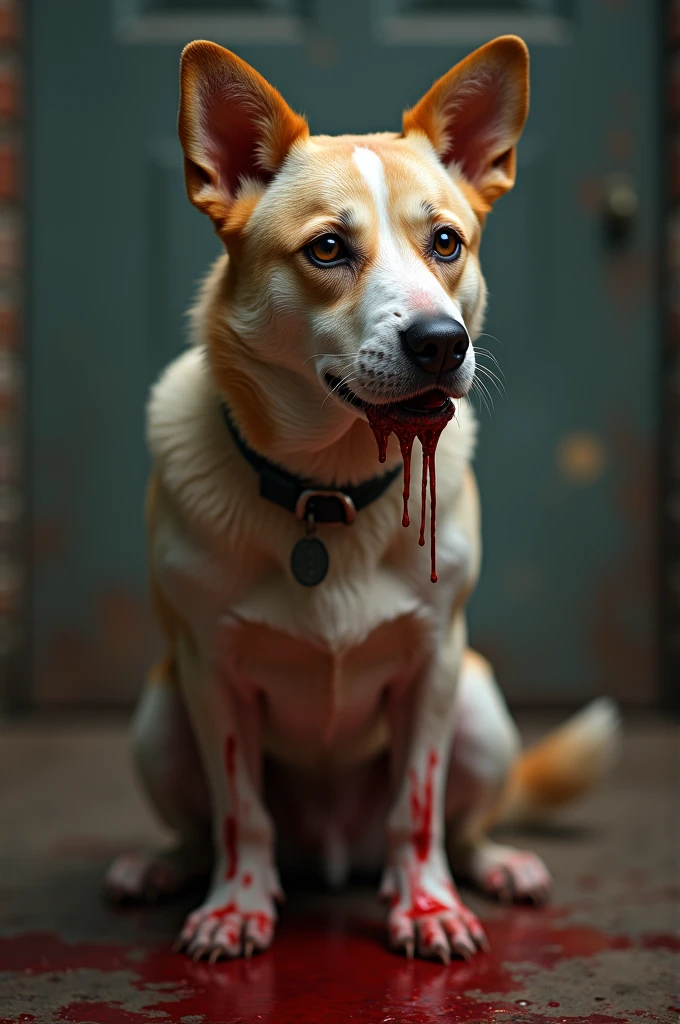 Dog with a horse's head as its head but with the dog's body, bizarre and sad with big eyes, in a cemetery at dusk, and blood in his mouth