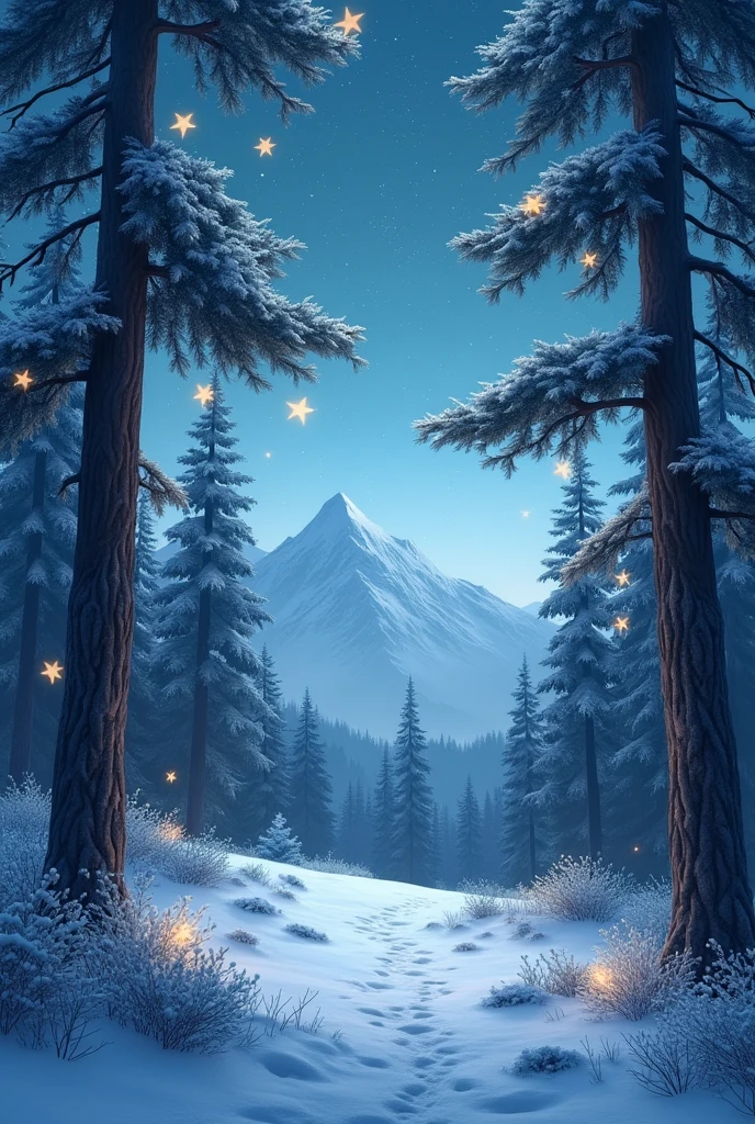 A forest of snow-covered trees with star-shaped leaves 