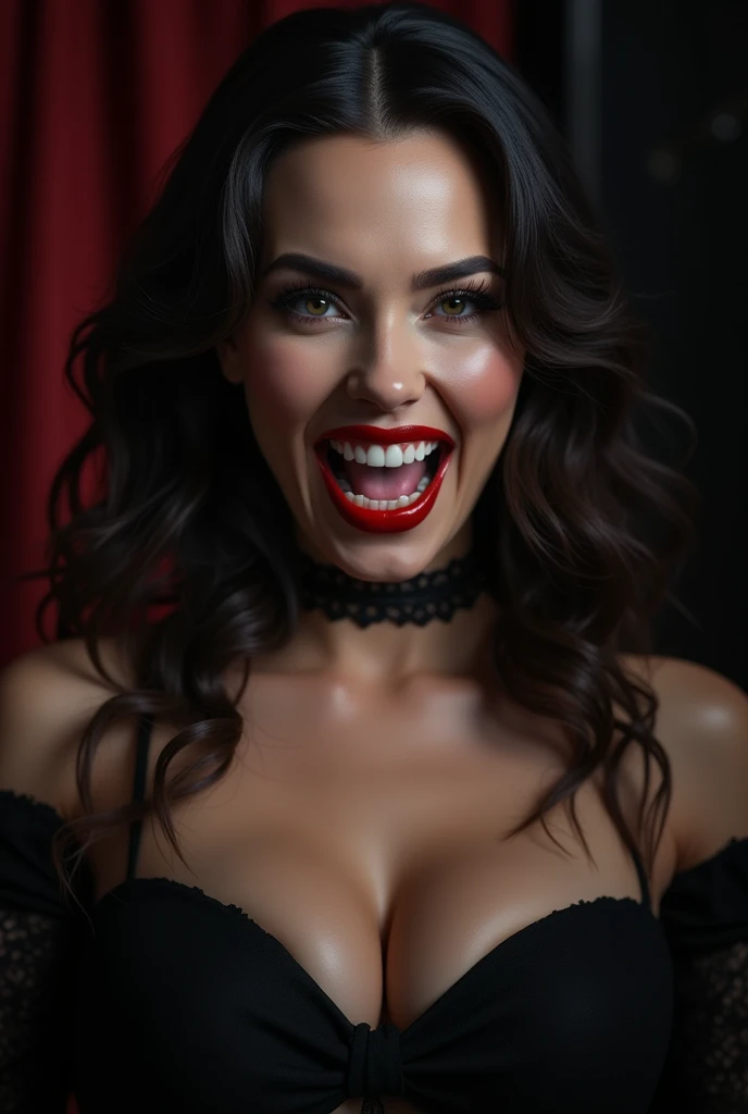 nsfw, 1vampire lady, solo, mature adult woman, evil MILF, lady from hell, vampire beauty, femme fatale, evil apostle of darkness, peerless beauty, a Vampire Kiss,(An evil smile that lifts the corners of her mouth:1.3),(Dark red lips, glossy lips), open mouth, vampire teeth, Fangs, from front, Glamor, soft and curvy, body conscious, huge breast, close-up photography of upper body, boast pompously, focus on entire screen, asymmetrical, masterpiece, official art, work of art, Award-winning work, extreme quality, ultra high definition, finely detail, raw photo, extremely beautiful CG, high definition pictures, all intricate, raytraced, caustics, textile shading, incredibly absurd res, absolutely resolution, ultra high res, 16k,