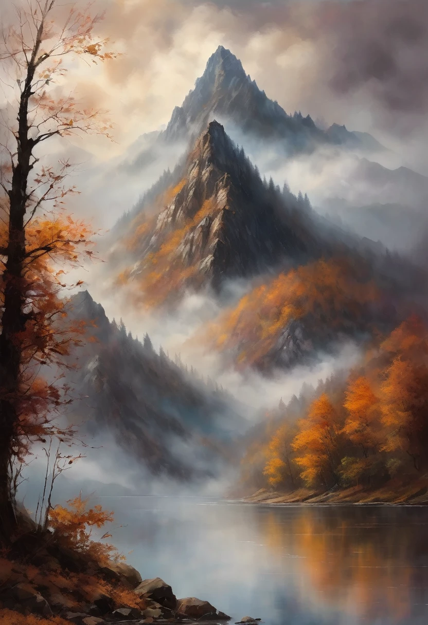 a painterly masterpiece of a dreamy fantasy view of a mountain with foggy atmosphere and beautiful weather, cloudy and beautiful dim lighting soothing dark colours , beautiful dreamy painting , fantasy themed , closeup image , perfect detailing , cloudy weather and brown leaves of autumn fall
