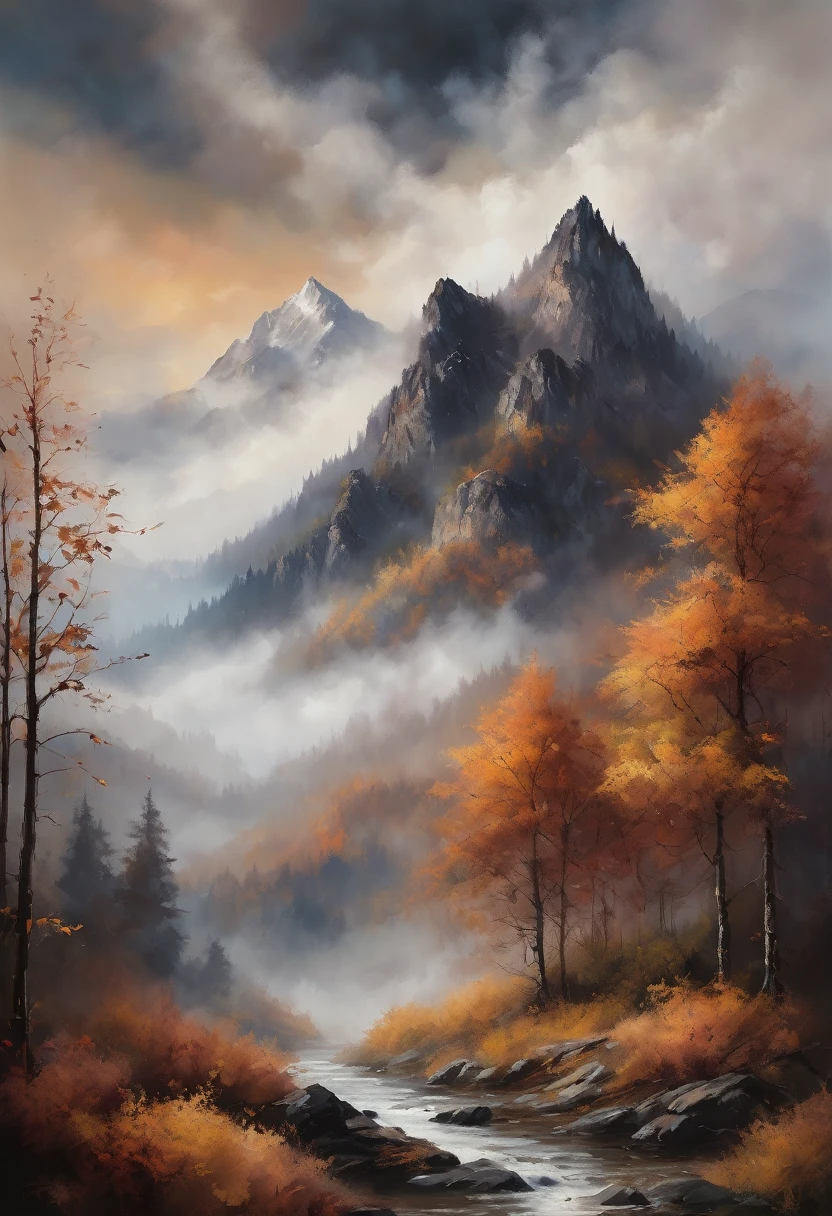 a painterly masterpiece of a dreamy fantasy view of a mountain with foggy atmosphere and beautiful weather, cloudy and beautiful dim lighting soothing dark colours , beautiful dreamy painting , fantasy themed , closeup image , perfect detailing , cloudy weather and brown leaves of autumn fall