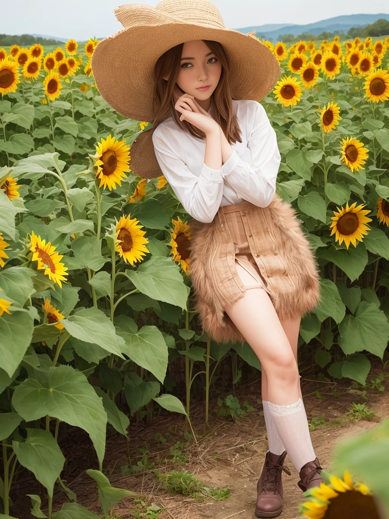 wooden plaque in hands with label "fuck me", a beautiful girl, a field of sunflowers, beautiful pioneer girl, sexy, stockings, skirt, (furry:1.3)