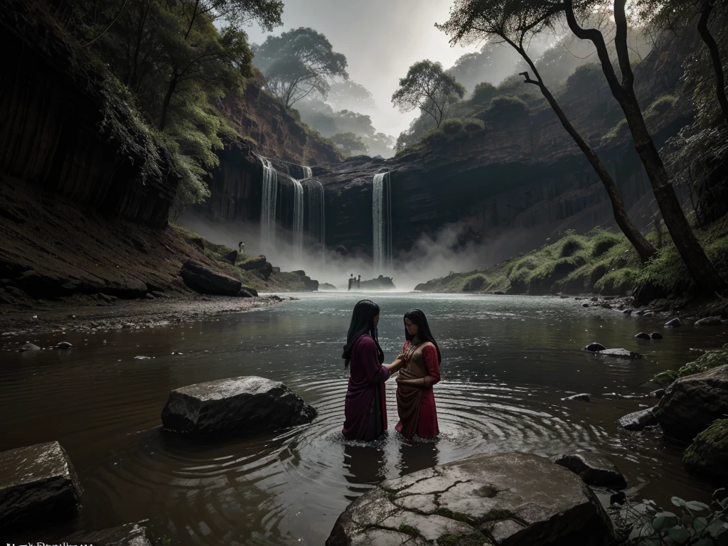 "A book cover design for a Marathi novel titled 'बाळगीळी' by author आकाश रेवले. The cover should depict a surreal and haunting scene featuring a dark, mysterious river under a night sky. The river has an eerie, almost otherworldly appearance, with shadowy figures of women standing along its banks. These figures are holding small, swaddled infants, facing away from the viewer, adding an element of mystery and unease. The water appears dark, with a subtle hint of red as it flows down a steep waterfall. The overall atmosphere should be ominous and dream-like, with dark tones and muted colors. The title 'बाळगीळी' should be prominently displayed in bold, traditional Marathi script, with the author's name, आकाश रेवले, placed below in a smaller, complementary font."