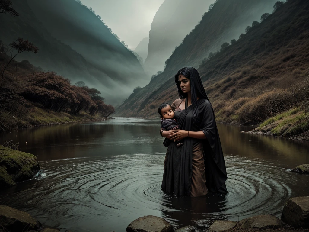 "A book cover design for a Marathi novel titled 'बाळगीळी' by author आकाश रेवले. The cover should depict a surreal and haunting scene featuring a dark, mysterious river under a night sky. The river has an eerie, almost otherworldly appearance, with shadowy figures of women standing along its banks. These figures are holding small, swaddled infants, facing away from the viewer, adding an element of mystery and unease. The water appears dark, with a subtle hint of red as it flows down a steep waterfall. The overall atmosphere should be ominous and dream-like, with dark tones and muted colors. The title 'बाळगीळी' should be prominently displayed in bold, traditional Marathi script, with the author's name, आकाश रेवले, placed below in a smaller, complementary font."