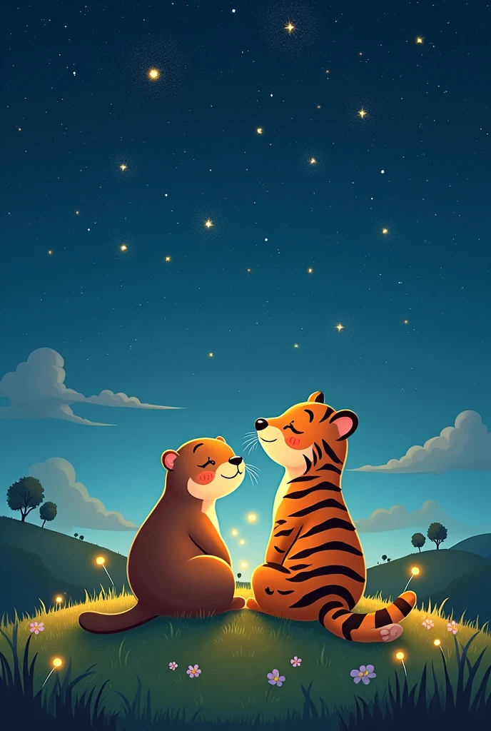 cartoon otter and tiger sitting together watching stars