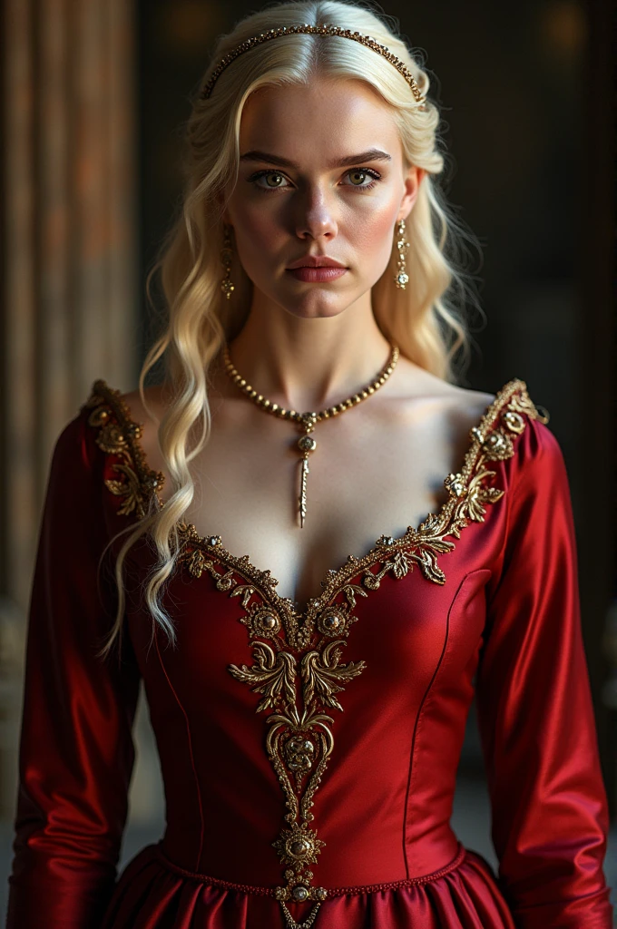 Elle Fanning as a Lannister from House of the Dragon, with red and gold medieval dress