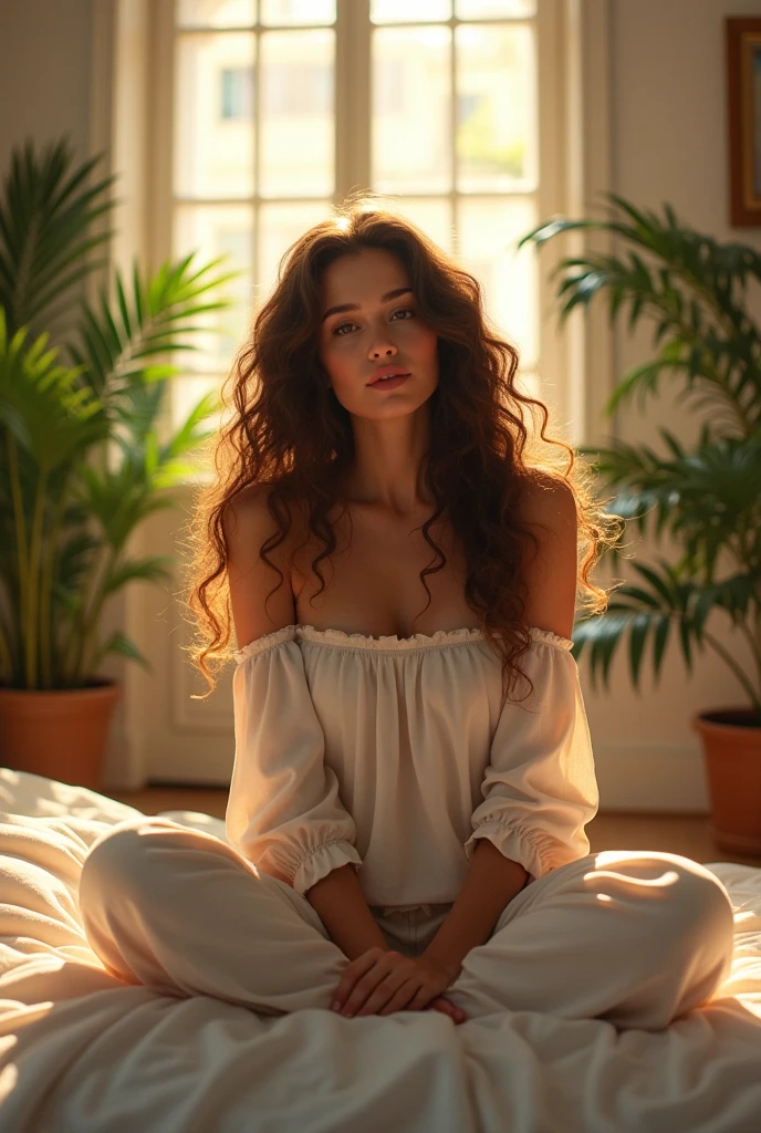 (photorealism:1.2), beautiful woman, sitting on bed, wearing loose off-shoulder top, pajama pants, long curly hair, indoors, soft lighting, plants in background, window with sunlight, cozy room, relaxed pose, realistic, intricate details, warm colors, by Greg Rutkowski, by Alphonse Mucha