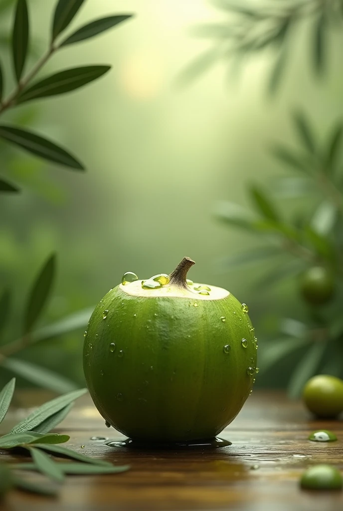 A still green coconut distilling olive oil
