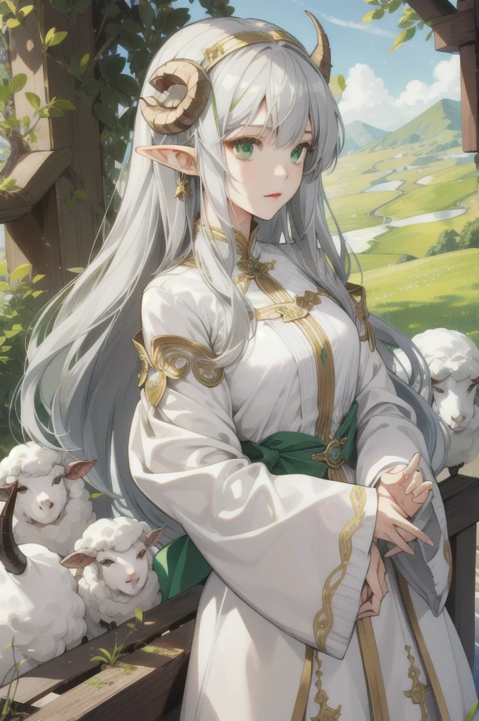 whole body、Gray Hair,One girl, High resolution, Long Hair, Elf、Green Eyes、Hime cut, Gaze, Character portrait, Wide-angle shot, Goddess-style white outfit、Sheep horns、Gold Accessories